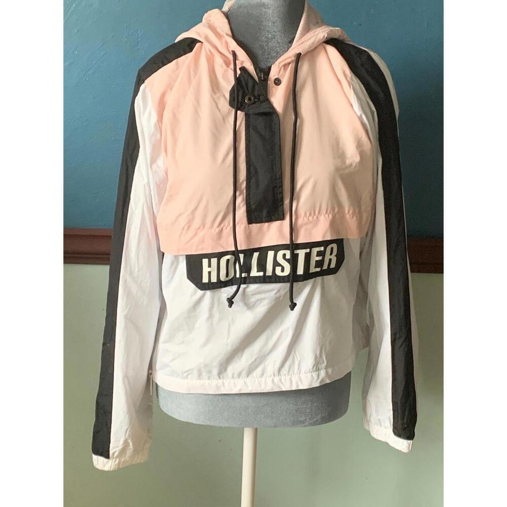 Hollister Small White and Pink Colorblock Windbreaker Mesh Lining with Pockets‌